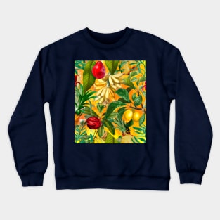 tropical exotic botanical illustration with floral tropical fruits, botanical pattern, fruit pattern, Yellow fruit pattern over a Crewneck Sweatshirt